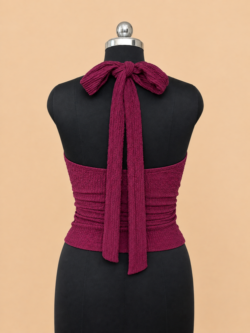 Women’s Burgundy Ruched Halter Neck Tie-Up Top