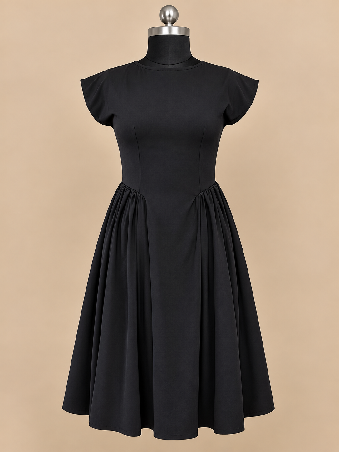 Noir - Black Cap Sleeve Fit and Flare Midi Dress