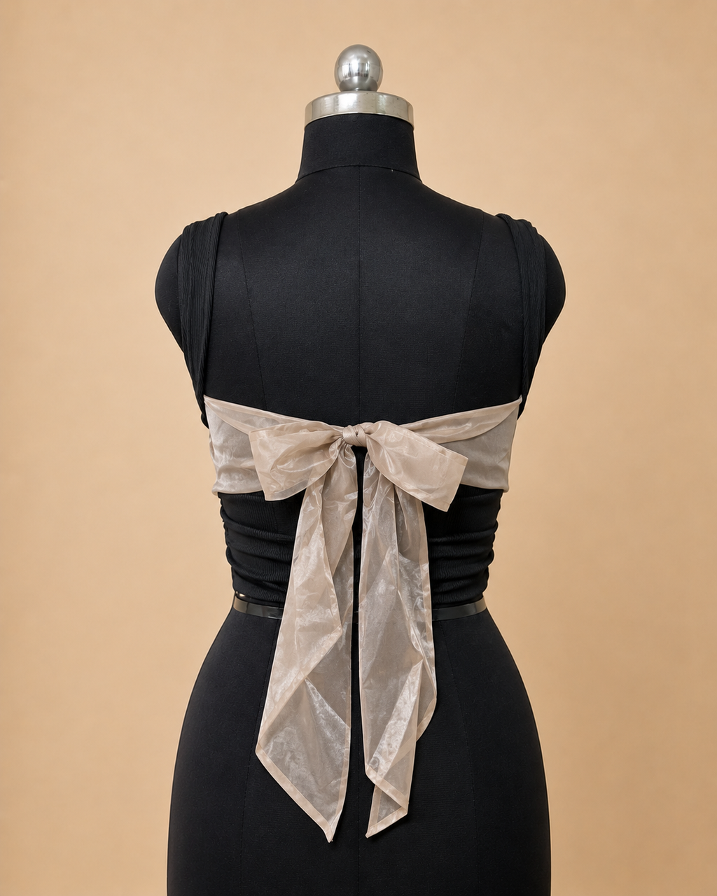 Black Ruched Corset Top with Organza Back Bow / Elegant Ruched Tie-Back Crop Top