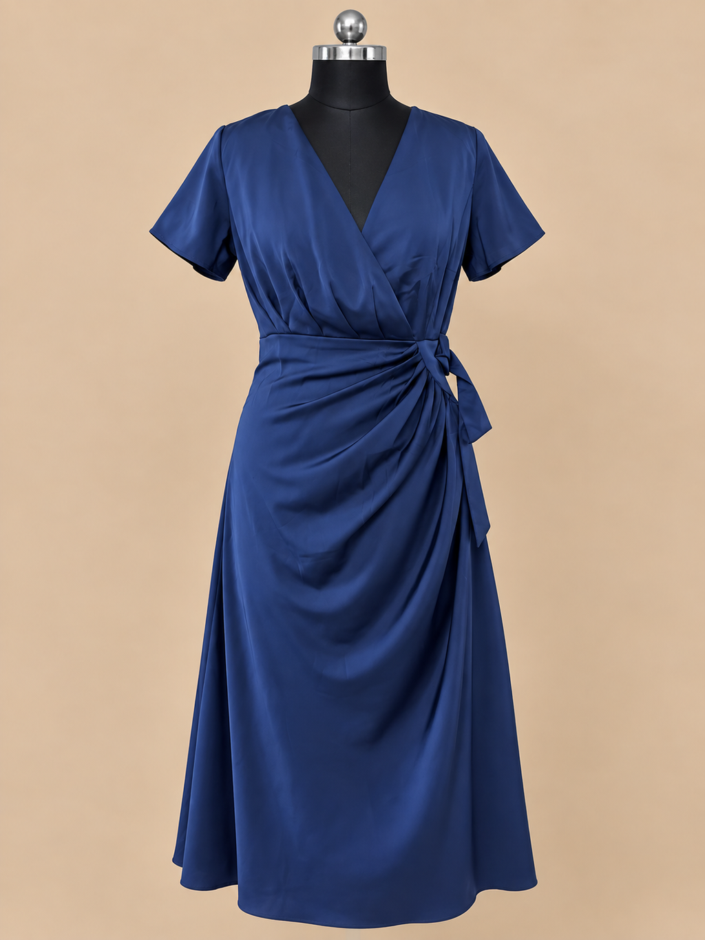 Blue Wrap Dress with Side Knot - V Neck Short Sleeve Party Dress
