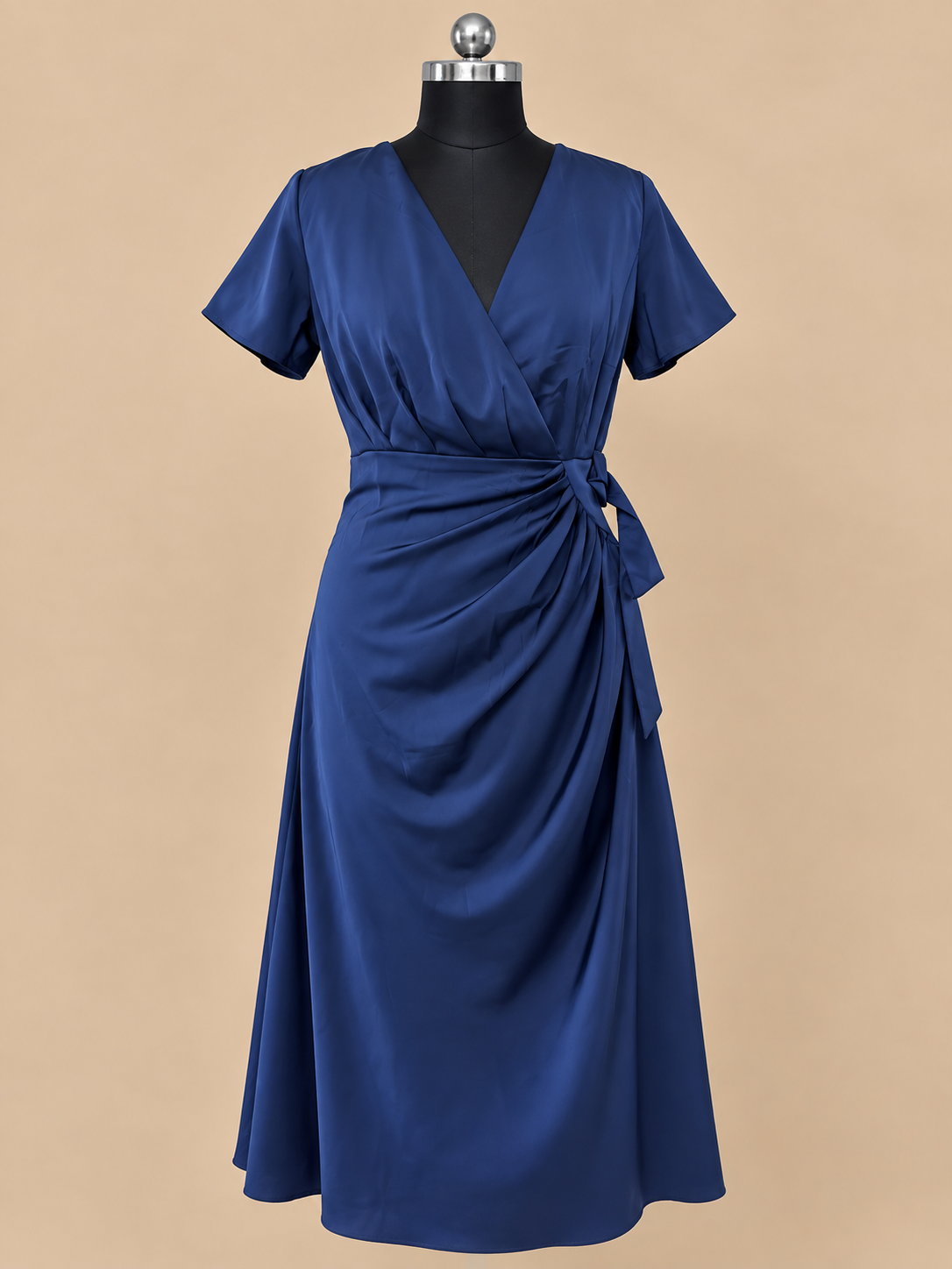 Blue Wrap Dress with Side Knot - V Neck Short Sleeve Party Dress
