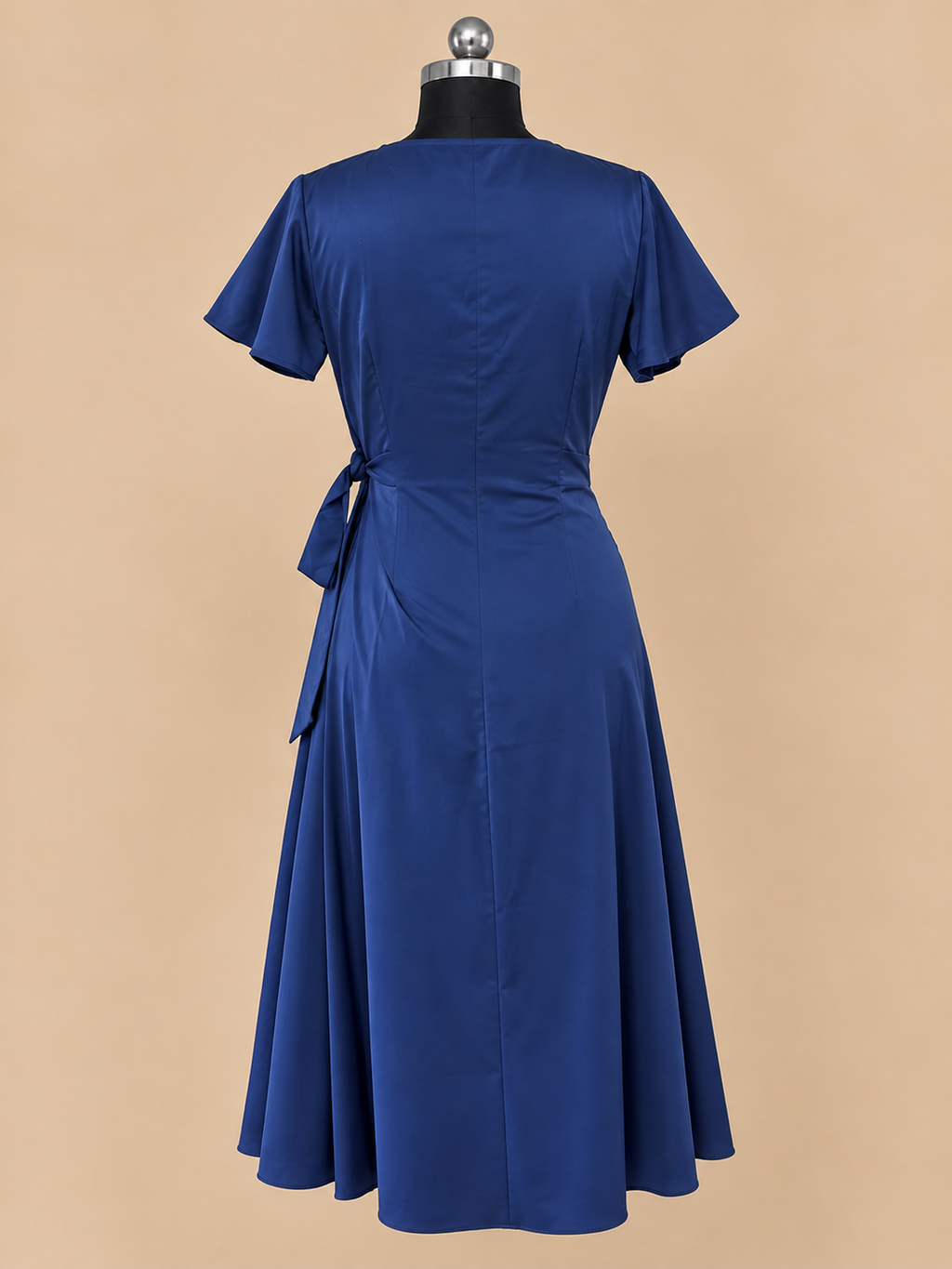 Blue Wrap Dress with Side Knot - V Neck Short Sleeve Party Dress