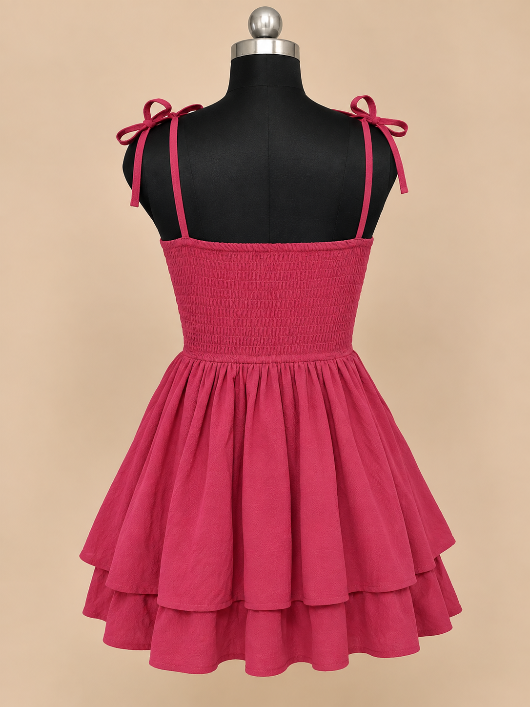 Rosy - Coral Pink Tie Strap Ruched Layered Mini Dress
