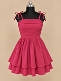 Rosy - Coral Pink Tie Strap Ruched Layered Mini Dress