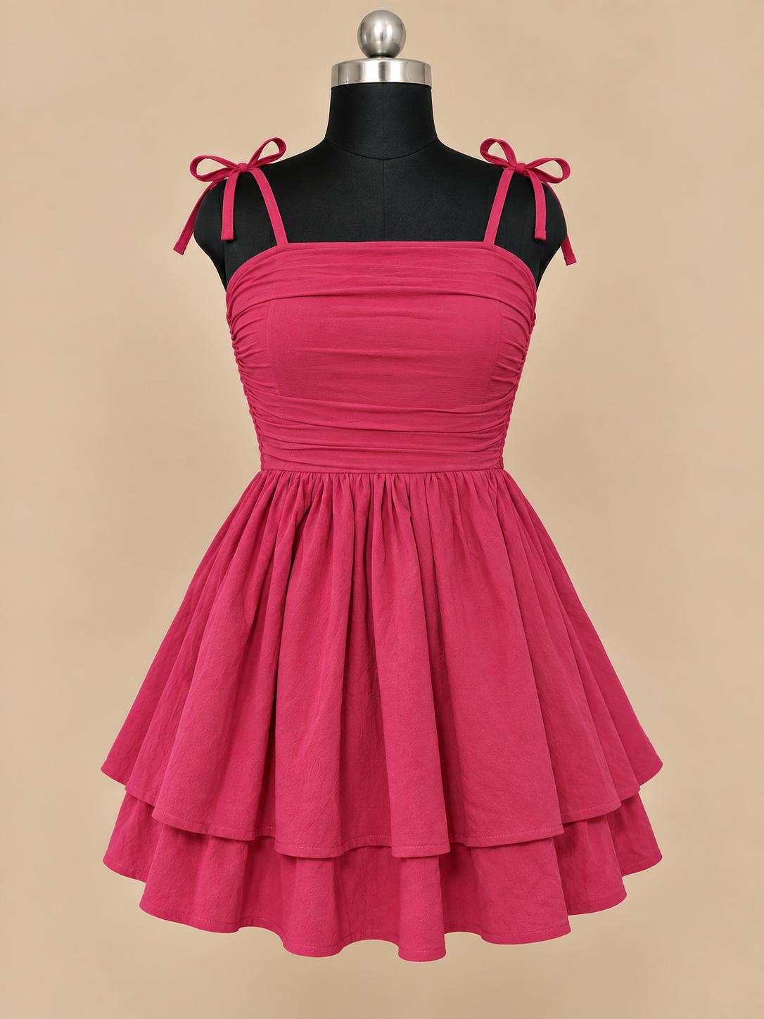 Rosy - Coral Pink Tie Strap Ruched Layered Mini Dress