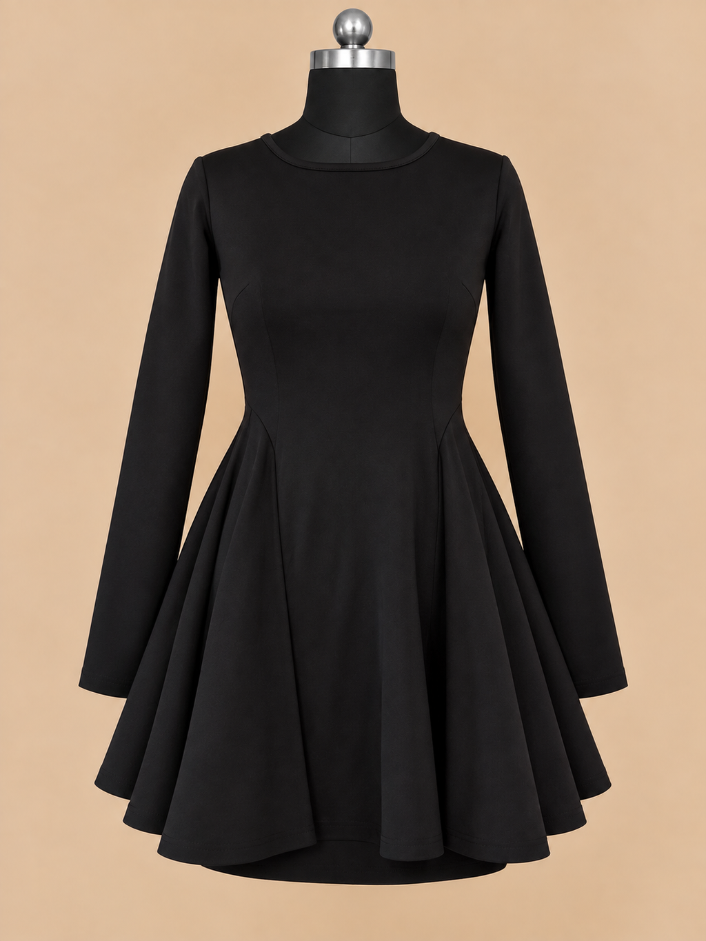 Black Long Sleeve Drop Waist Flared Mini Dress