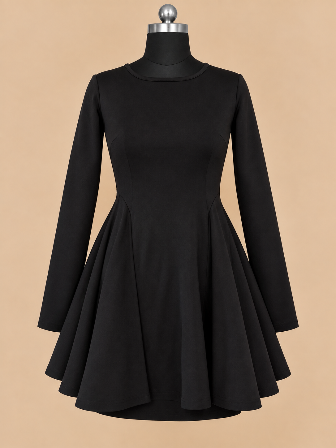 Black Long Sleeve Drop Waist Flared Mini Dress