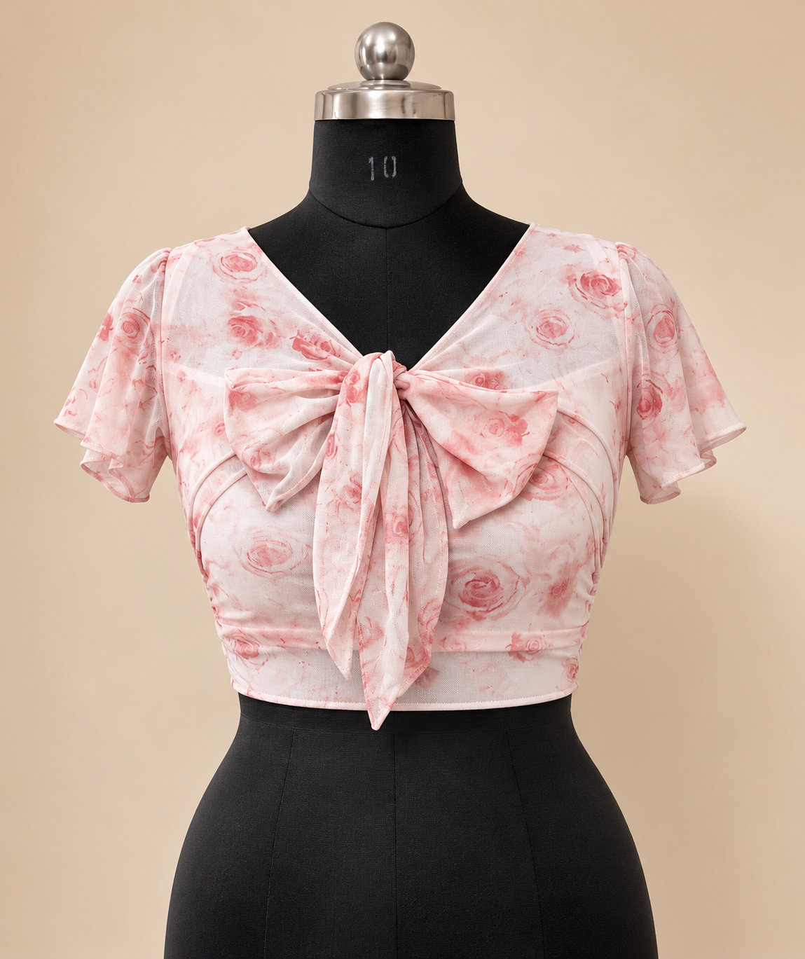 Floral Tie-Front Flutter Sleeve Crop Top – Soft Pink