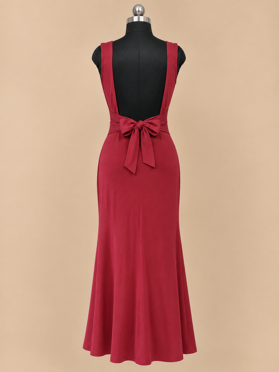 Coral Red Bow Back Mermaid Backless Maxi Dress