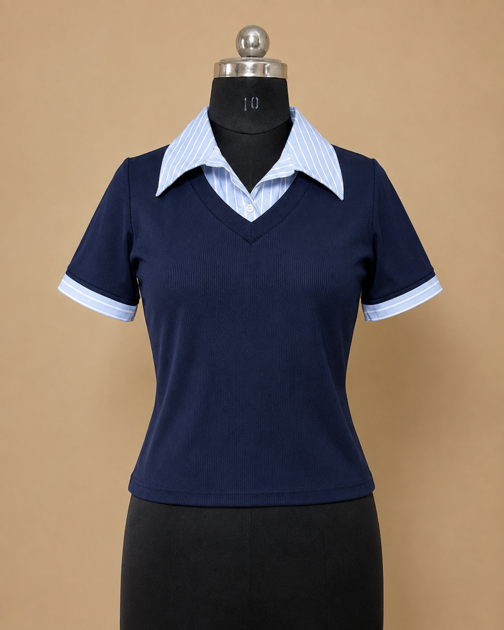 2-in-1 Layered Collar Polo Top – Navy &amp; Light Blue Striped