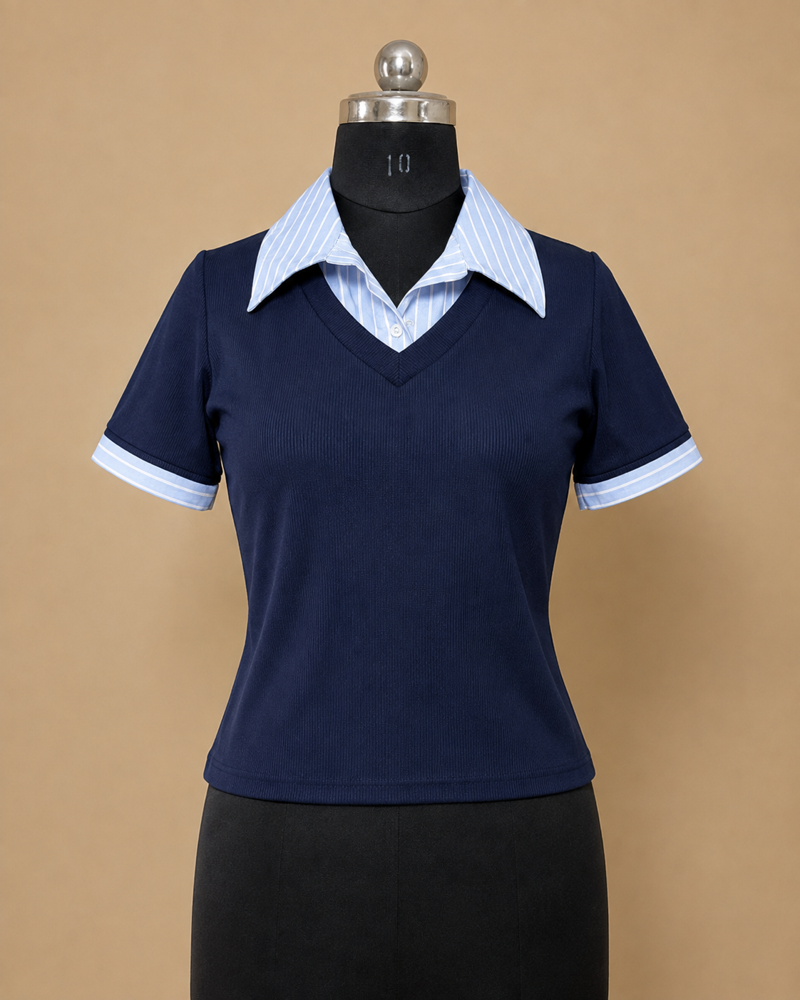 2-in-1 Layered Collar Polo Top – Navy &amp; Light Blue Striped