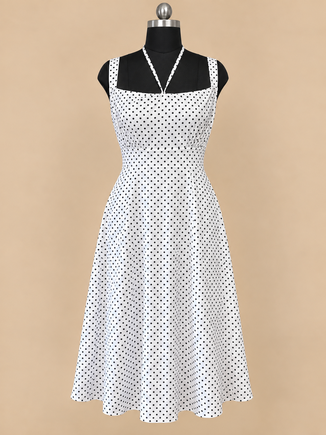 Polka - White and Black Polka Dot Halter Neck Fit and Flare Midi Dress