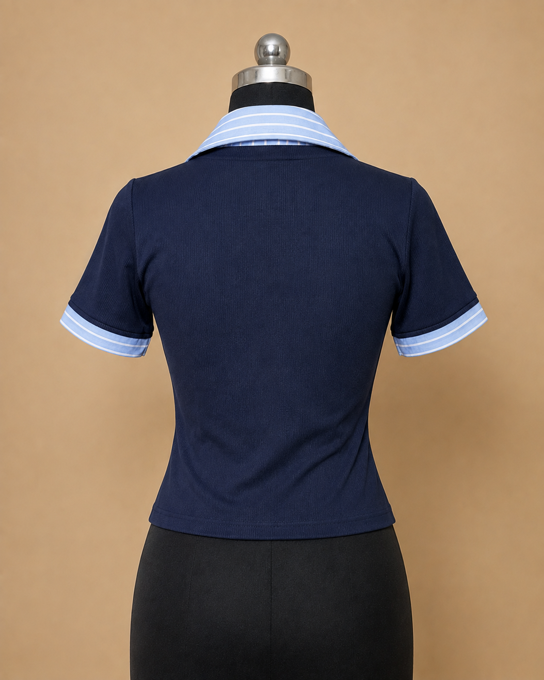 2-in-1 Layered Collar Polo Top – Navy &amp; Light Blue Striped