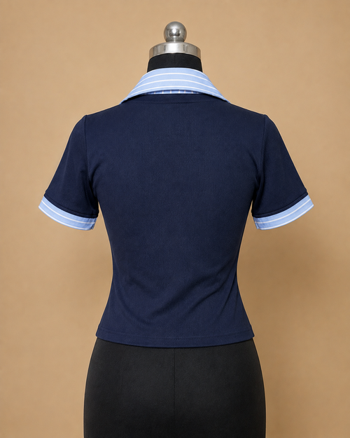 2-in-1 Layered Collar Polo Top – Navy &amp; Light Blue Striped
