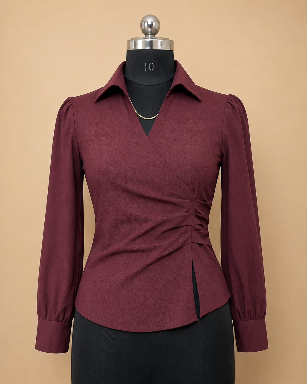 Ruched Side-Wrap Shirt – Plum / Maroon