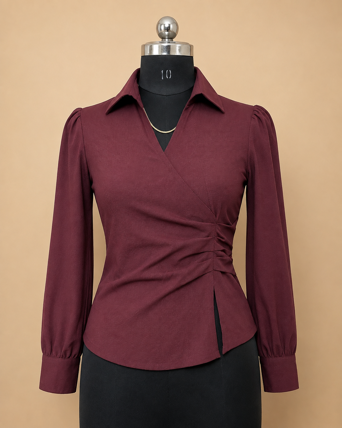 Ruched Side-Wrap Shirt – Plum / Maroon