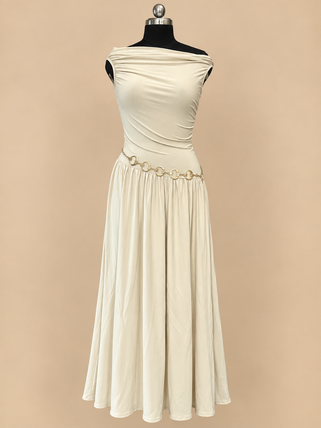 Greek Goddess Draped Jersey Maxi Dress in Beige