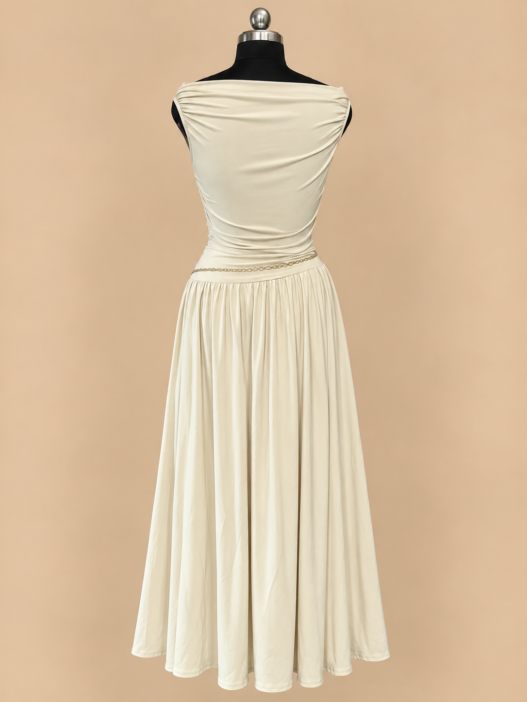 Greek Goddess Draped Jersey Maxi Dress in Beige
