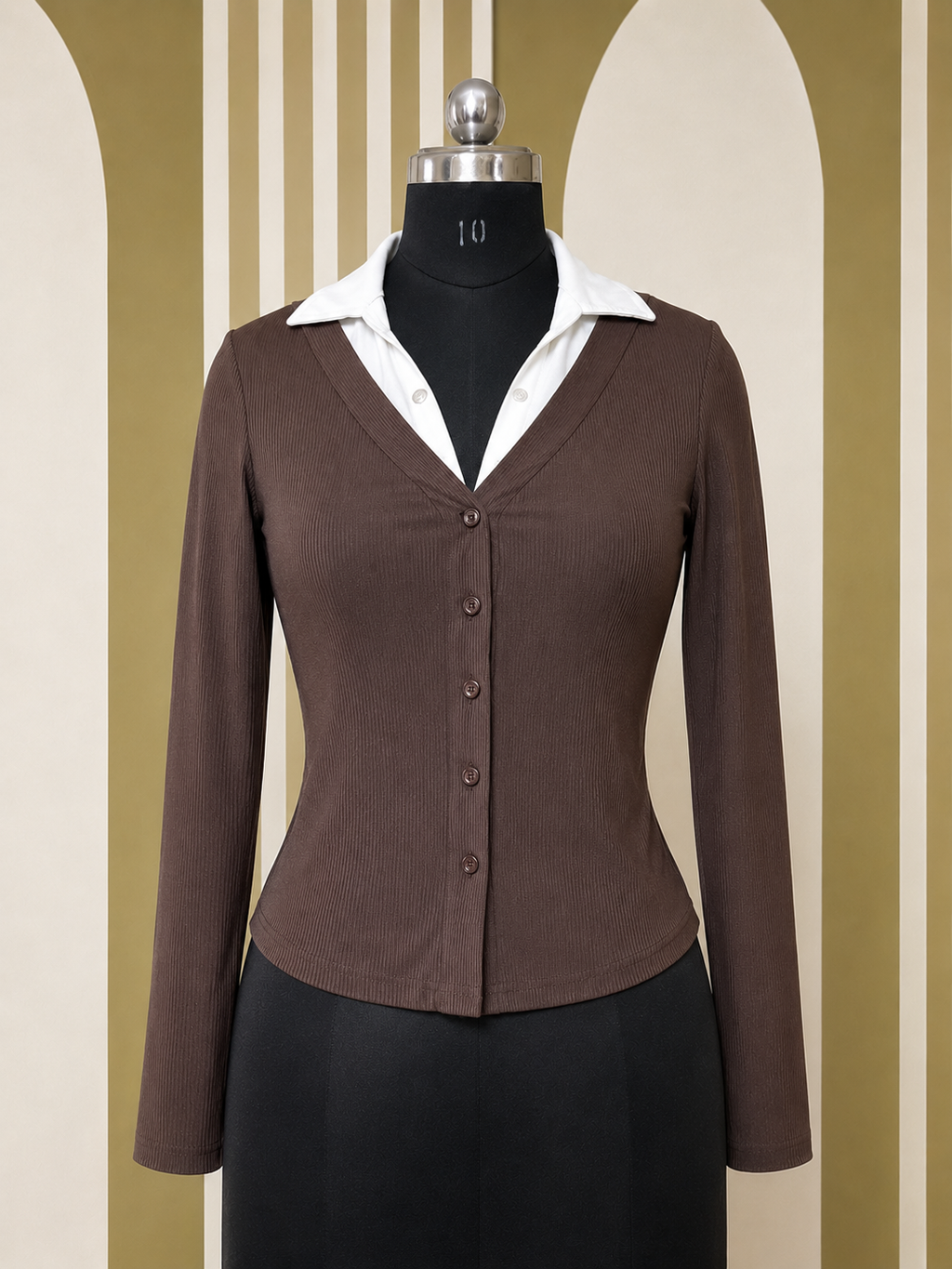 2-in-1 Layered Collared Cardigan Top – Chocolate Brown