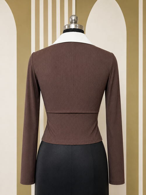 2-in-1 Layered Collared Cardigan Top – Chocolate Brown