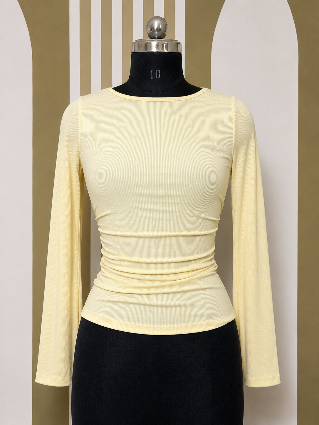 Ribbed Ruched-Midsection Long Sleeve Top – Butter Yellow