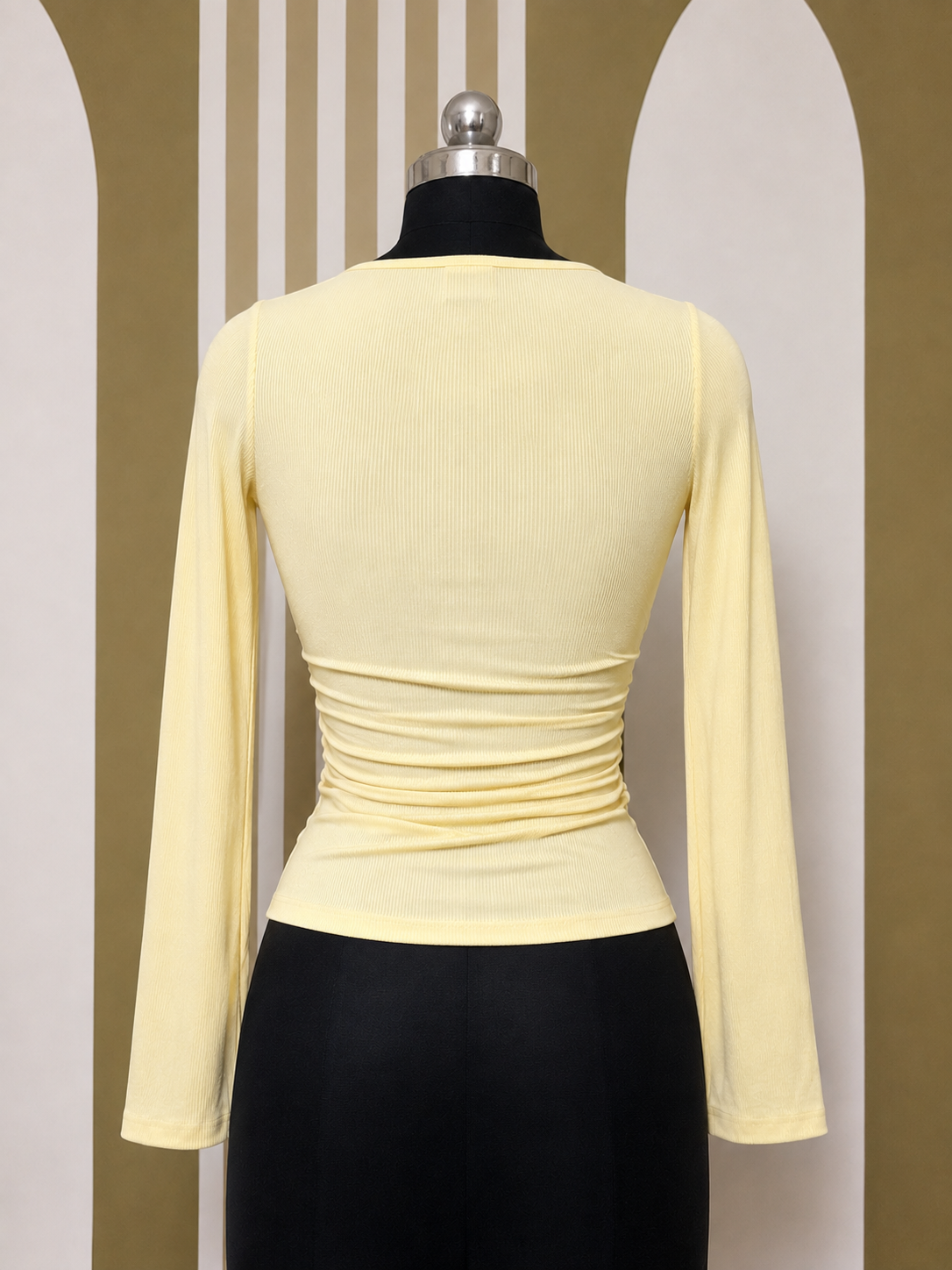 Ribbed Ruched-Midsection Long Sleeve Top – Butter Yellow