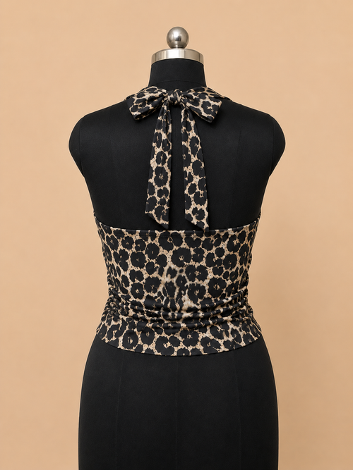Women’s Black & Beige Abstract Print Sleeveless Ruched Top
