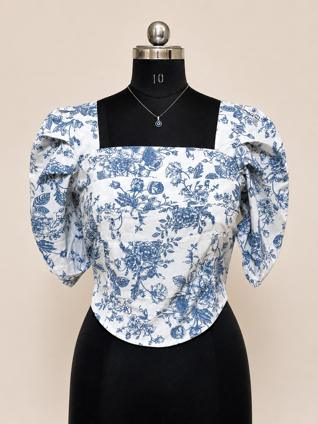 Floral Puff Sleeve Corset Top – Blue &amp; White