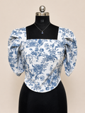 Floral Puff Sleeve Corset Top – Blue &amp; White