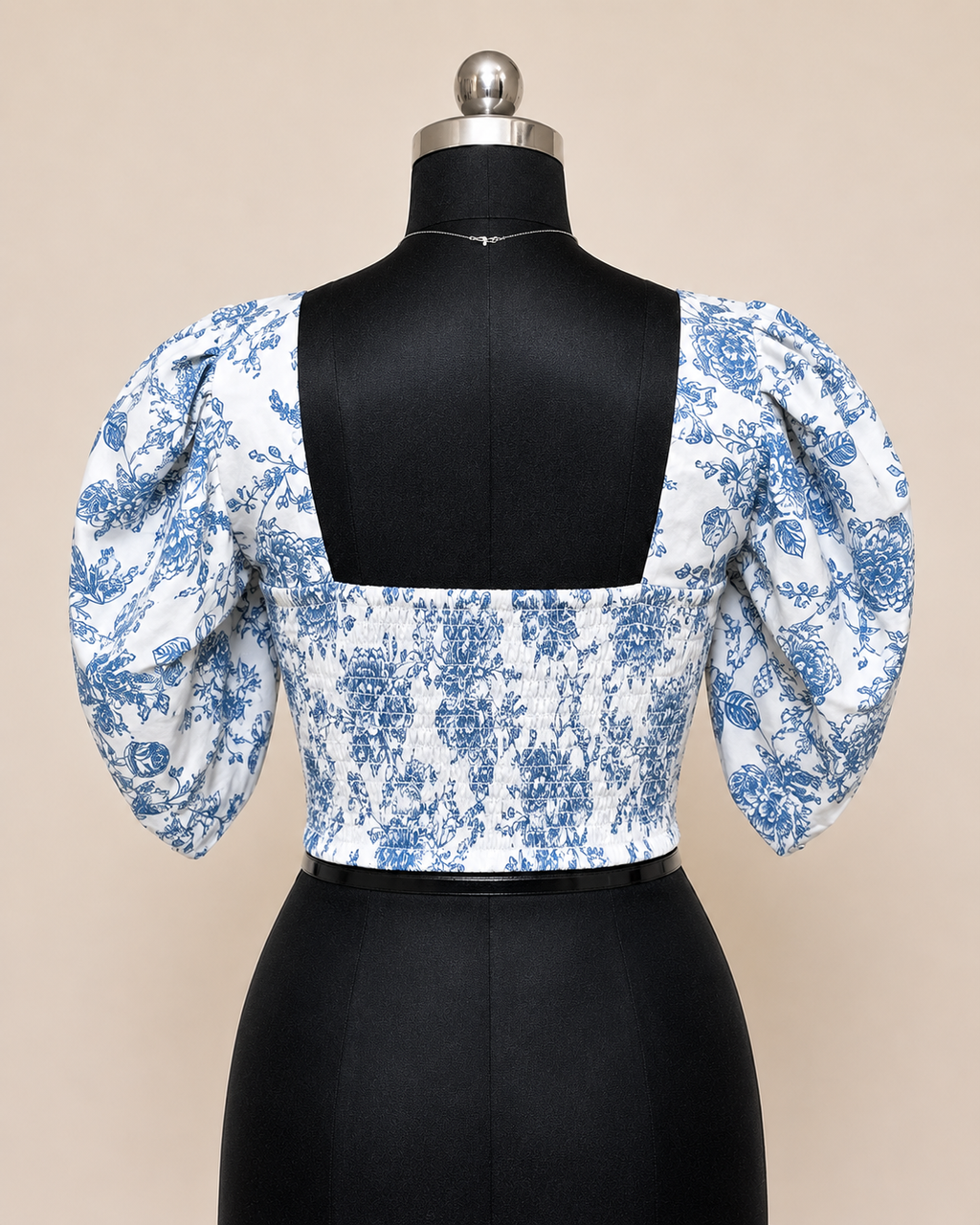 Floral Puff Sleeve Corset Top – Blue &amp; White