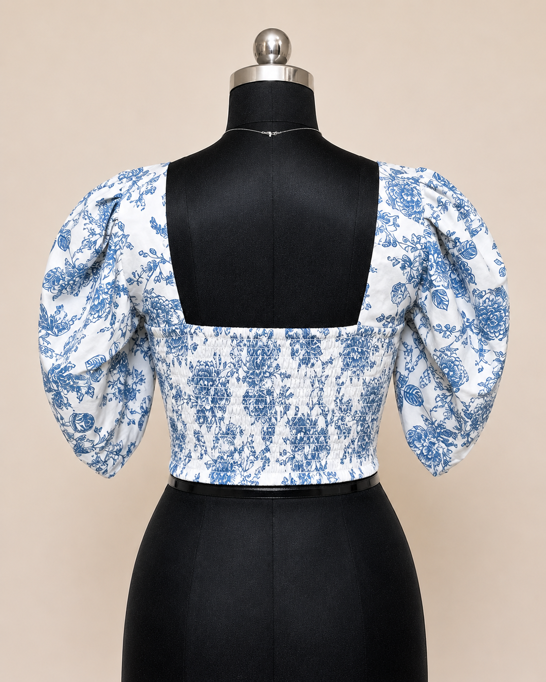 Floral Puff Sleeve Corset Top – Blue &amp; White