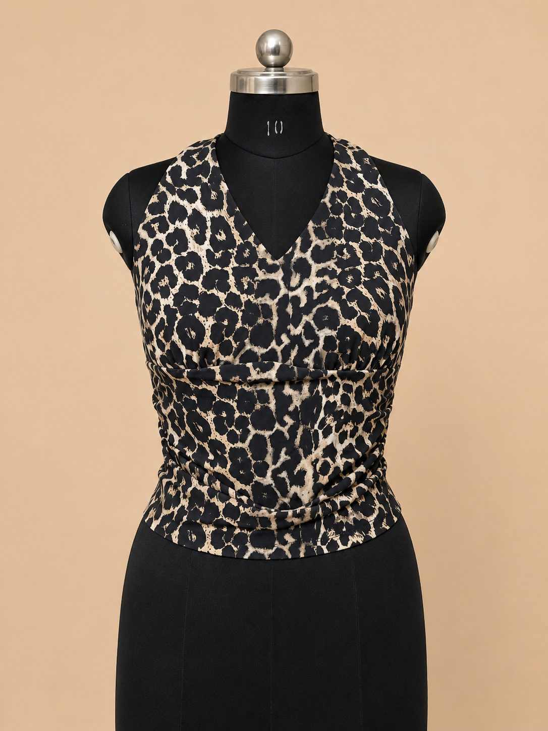 Women’s Black & Beige Abstract Print Sleeveless Ruched Top