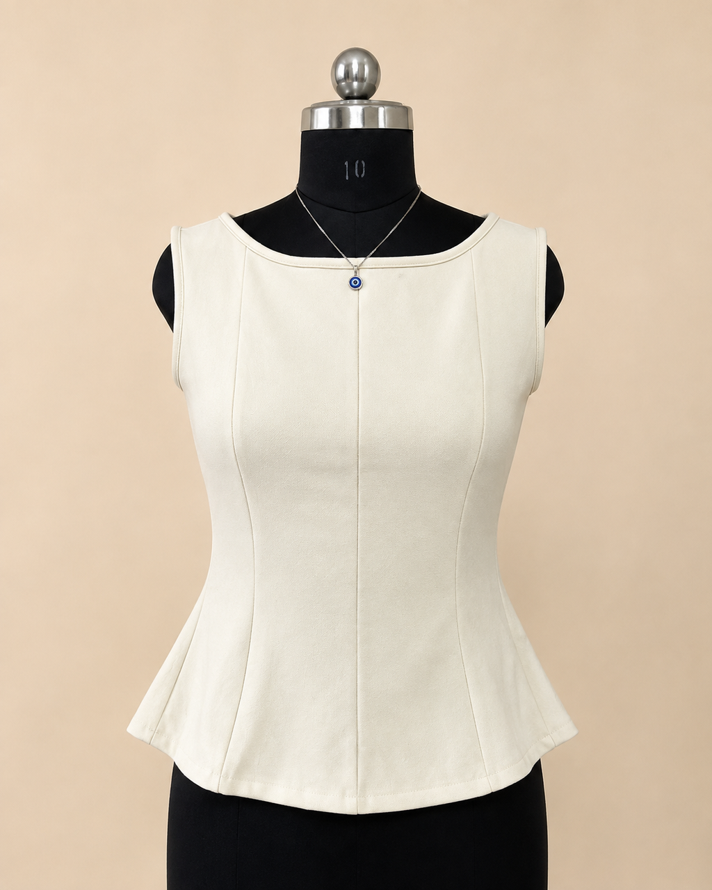 Off-White Structured Peplum Top / Sleeveless Boat-Neck Contour Peplum Top