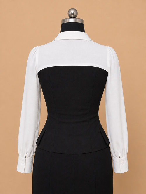 Women’s Black & White Contrast Collared Long-Sleeve Top
