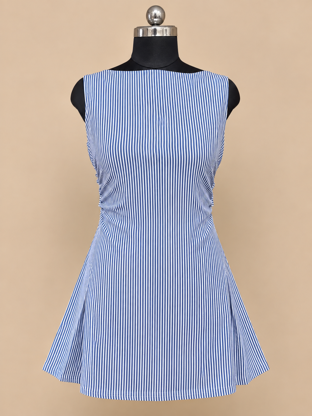 Bella - Blue and White Striped Back Bow Tie Up Dress