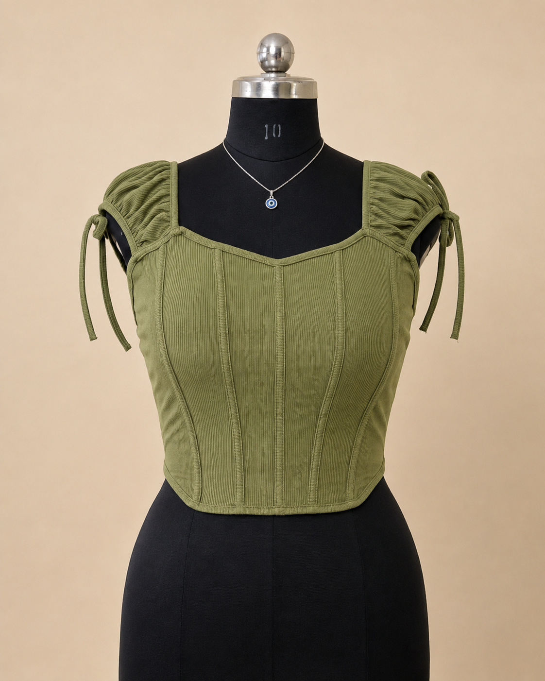 Olive Green Ribbed Corset Top with Tie-Sleeve Details / Cottagecore Sweetheart Corset Crop Top