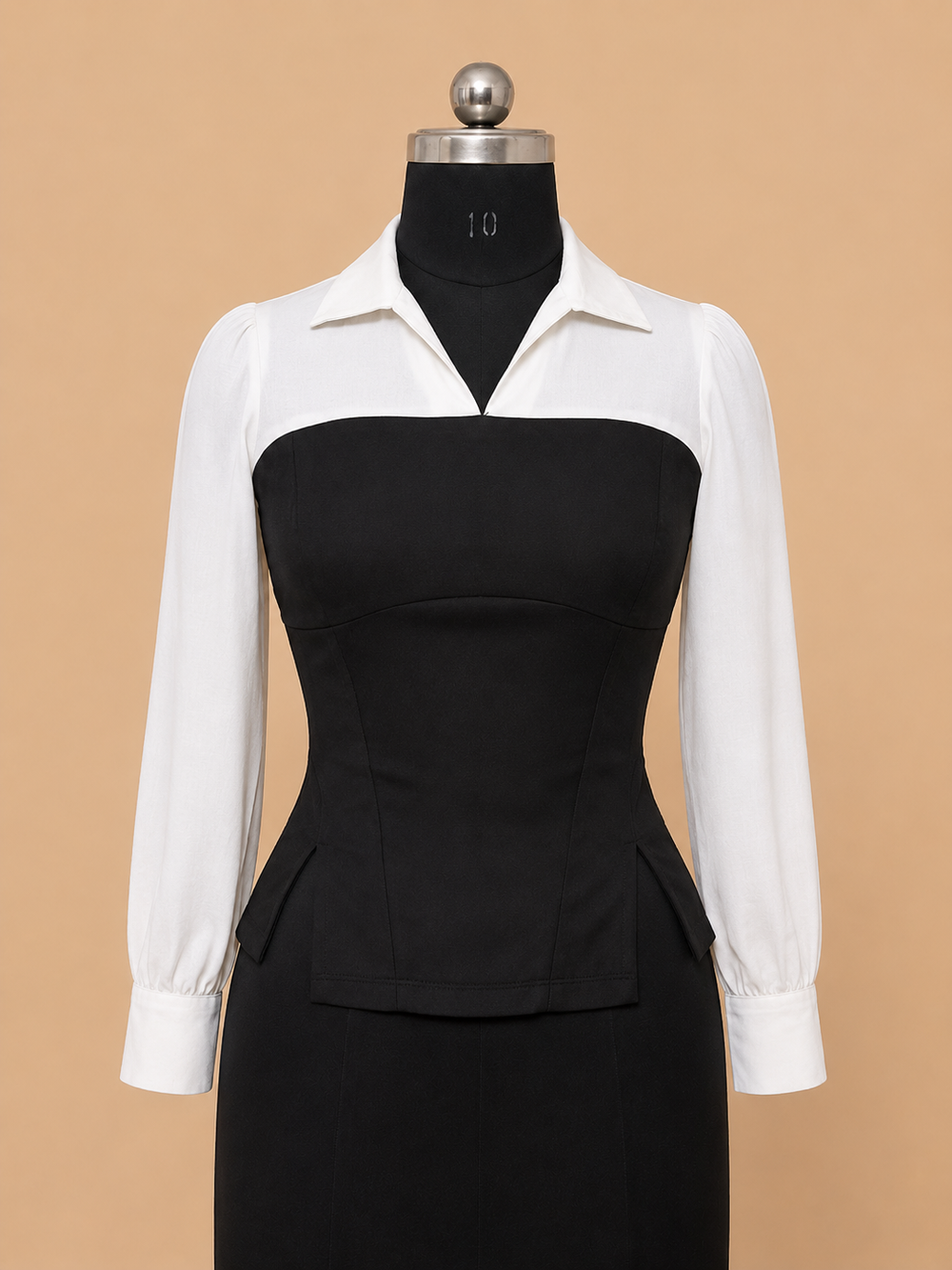Women’s Black & White Contrast Collared Long-Sleeve Top