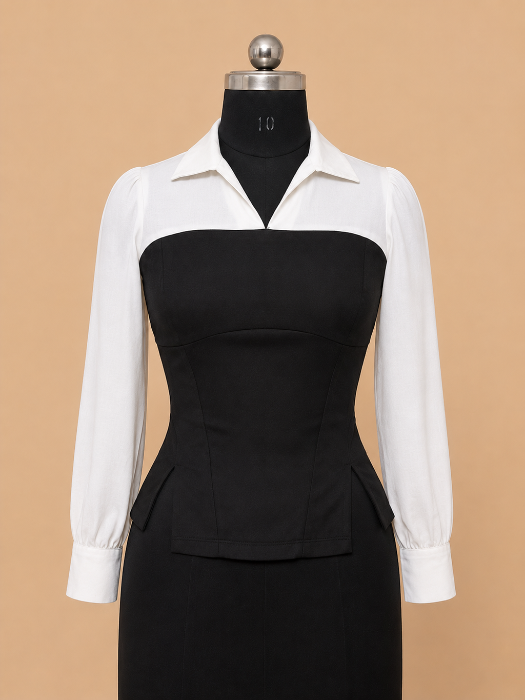Women’s Black & White Contrast Collared Long-Sleeve Top