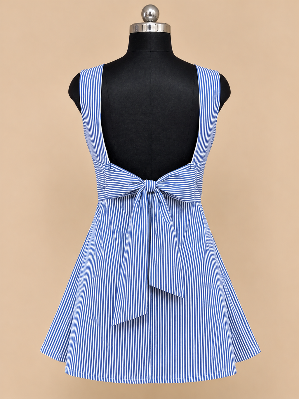 Bella - Blue and White Striped Back Bow Tie Up Dress