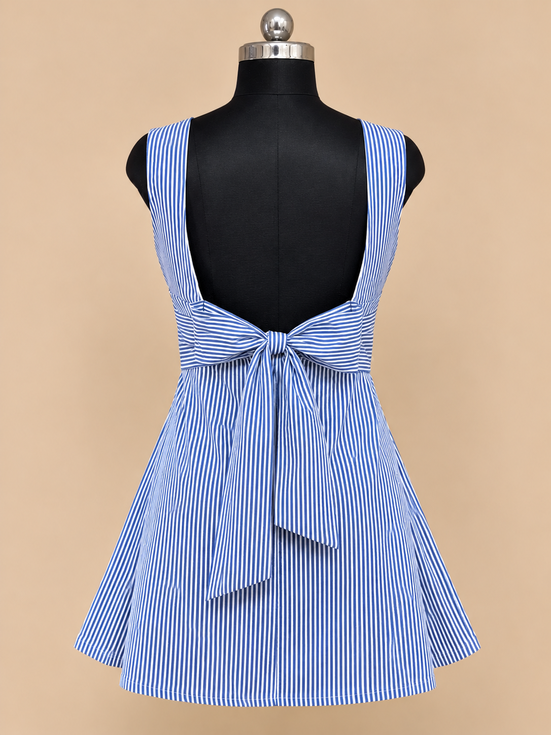 Bella - Blue and White Striped Back Bow Tie Up Dress