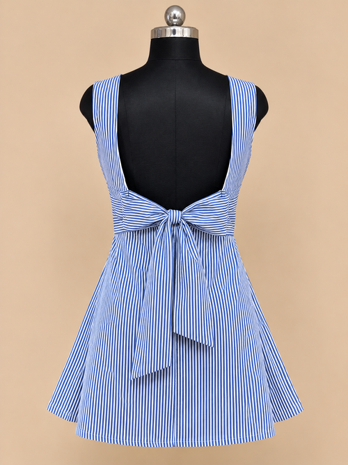 Bella - Blue and White Striped Back Bow Tie Up Dress
