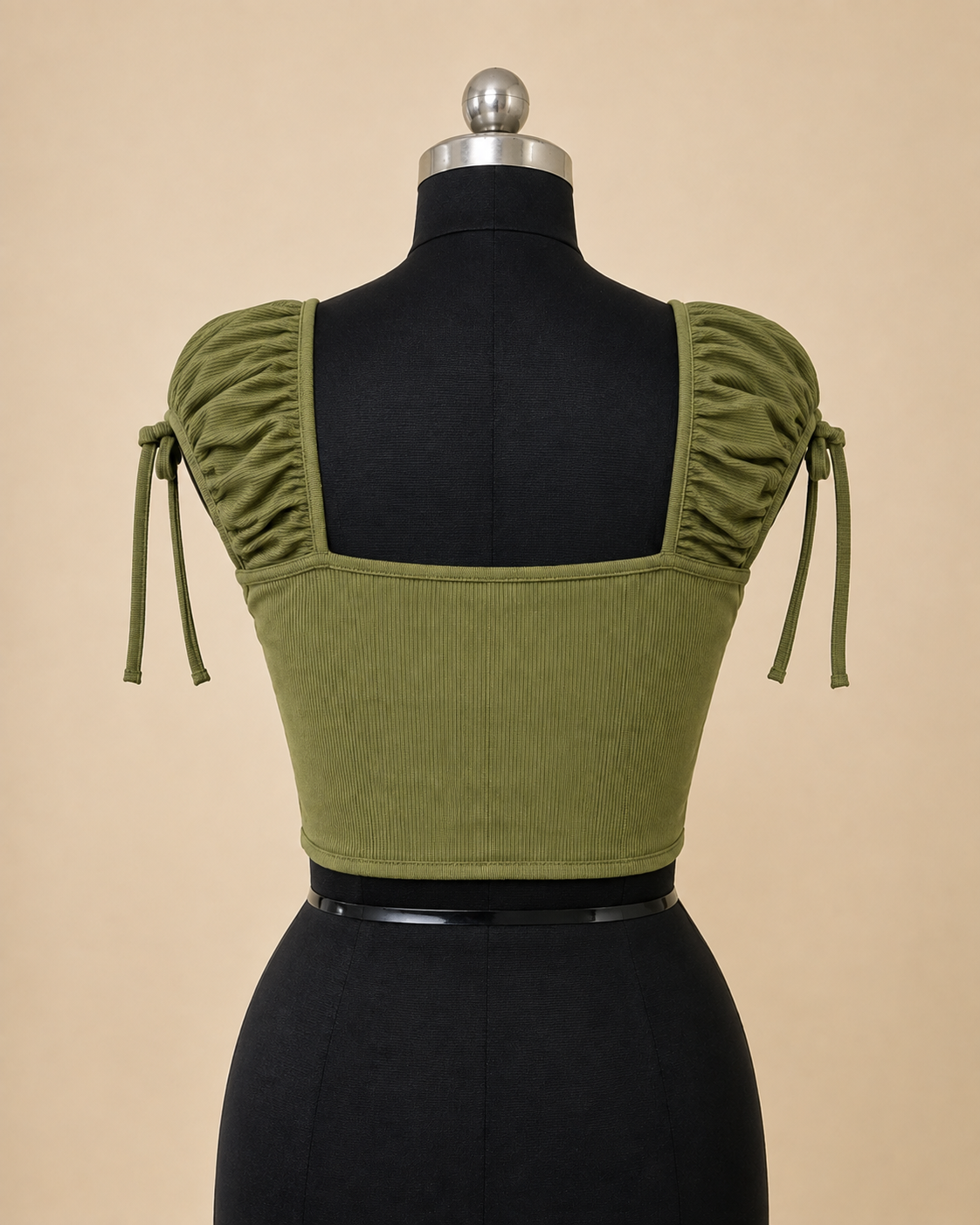 Olive Green Ribbed Corset Top with Tie-Sleeve Details / Cottagecore Sweetheart Corset Crop Top