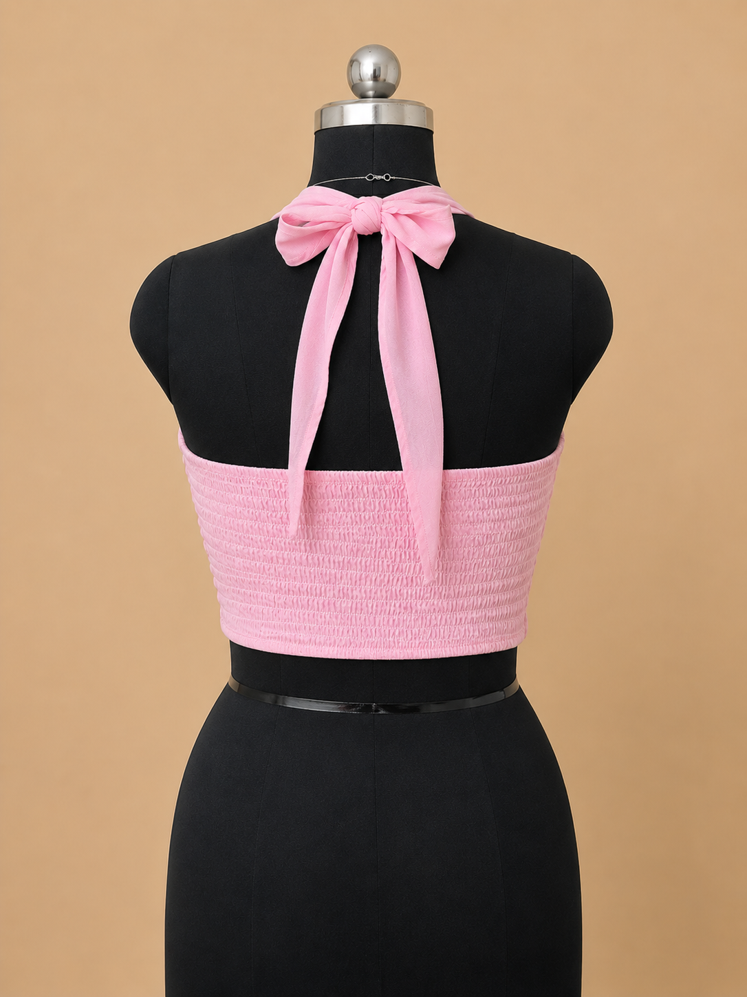 Women’s Pink Sheer Bow Tie-Up Halter Crop Top