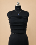 Black Ruched Corset Top with Organza Back Bow / Elegant Ruched Tie-Back Crop Top