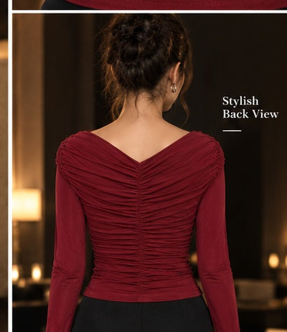 Ruched Cross-Front Long Sleeve Top – Deep Wine / Maroon