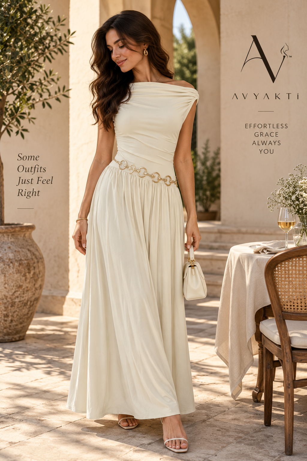 Greek Goddess Draped Jersey Maxi Dress in Beige