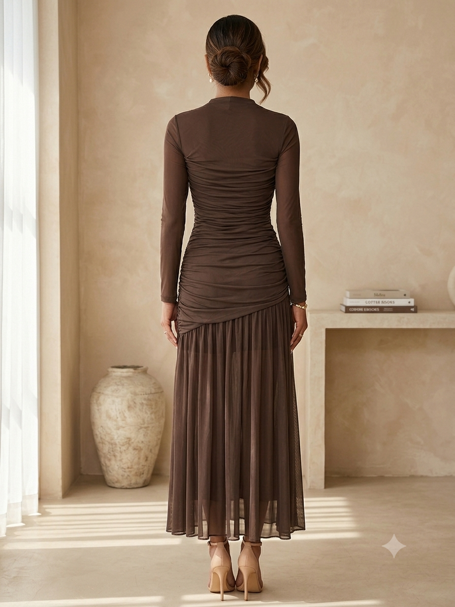 Brown Mesh Ruched Midi Dress