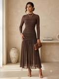 Brown Mesh Ruched Midi Dress