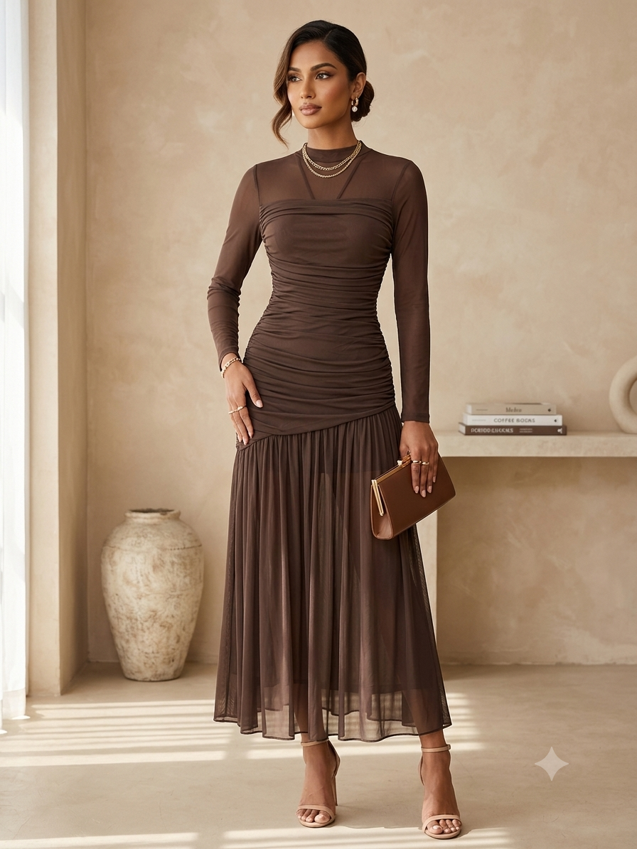 Brown Mesh Ruched Midi Dress