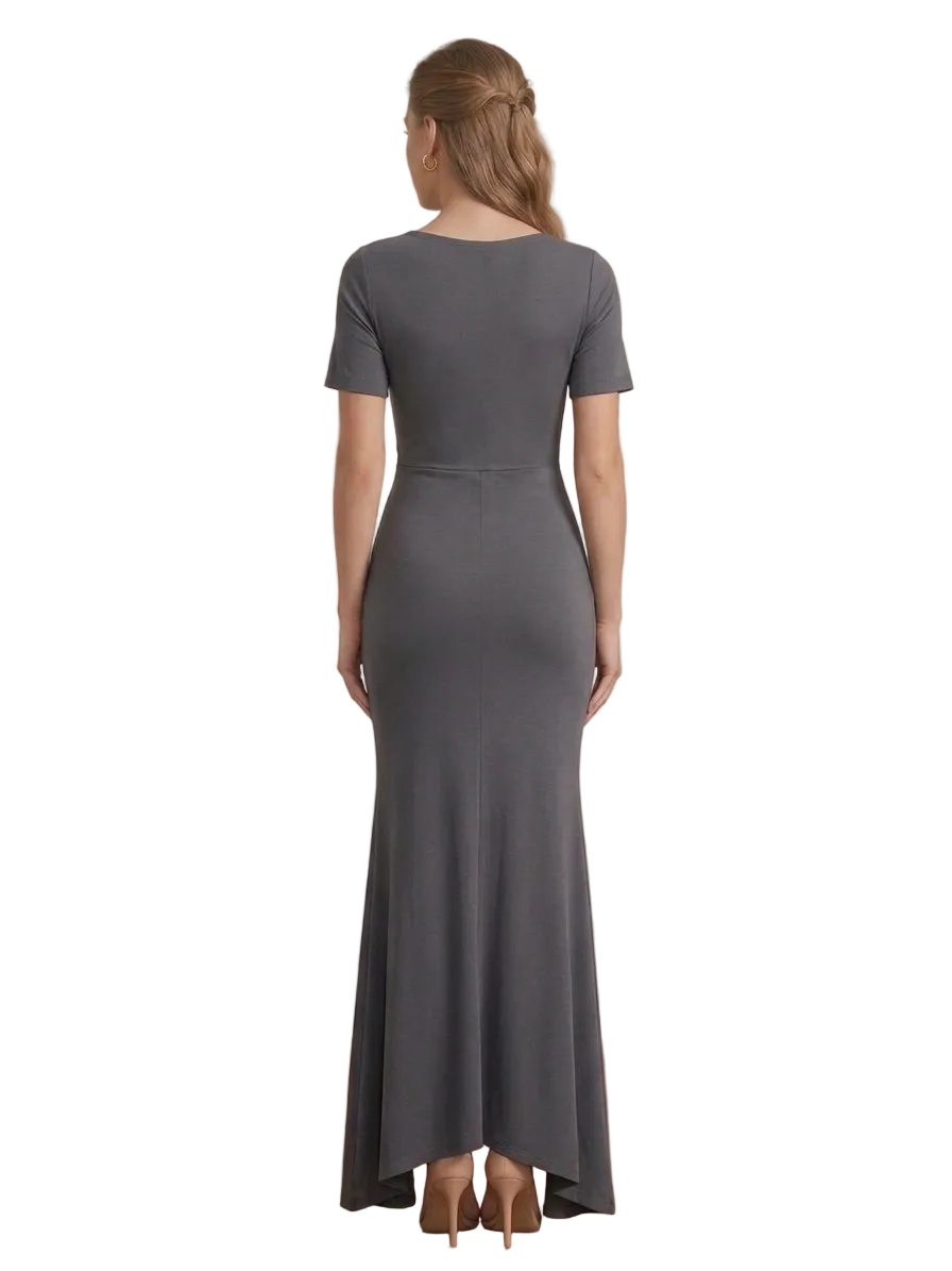 Evelyn Twist-Front Maxi Gown with Midriff Cutout - Charcoal Grey